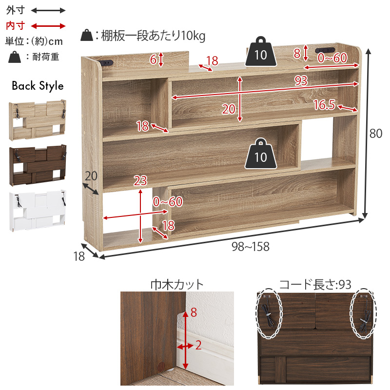 伸縮 ヘッドボード 後付け コンセント シングル セミダブル ダブル クイーン 宮棚 スリム ラック おしゃれ 本棚 枕元 棚 収納 白 木目調 巾木 RHB-1926 q0815