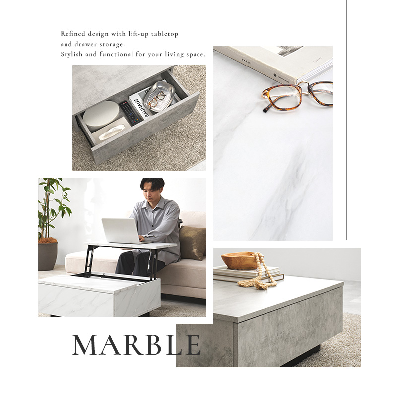 センターテーブル テーブル ローテーブル 昇降テーブル リフトアップ天板 引き出し 幅69 ソファテーブル 正方形 石目調 ストーン柄 引出し 大容量 収納 VKT-7264 q6153