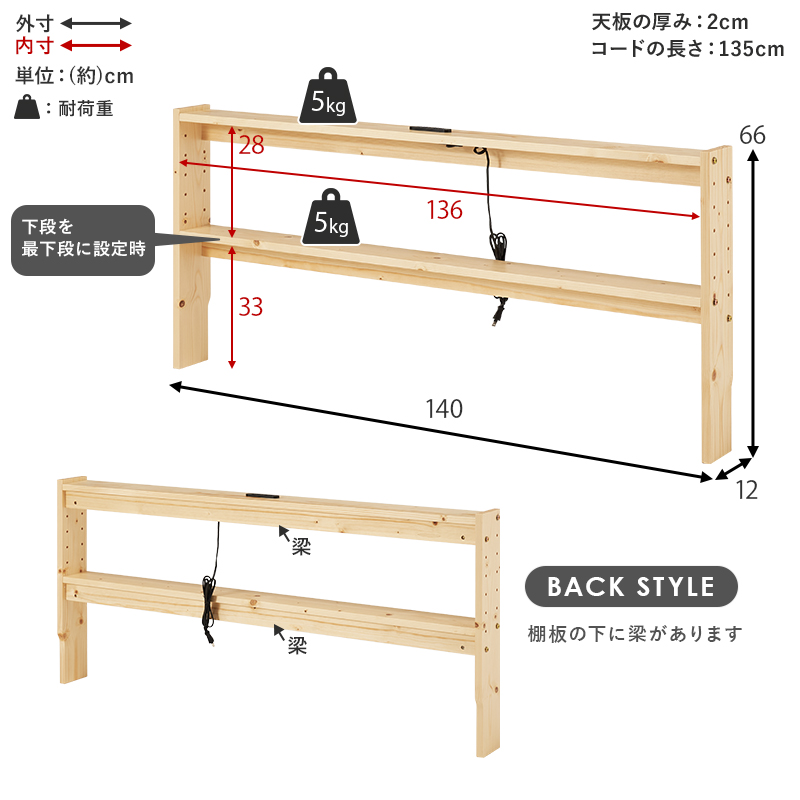 ベッドフレーム 後付け ヘッドボード コンセント 幅140 ダブル ヘッドボードのみ 宮棚 単品 収納棚 スリム ラック 木製 おしゃれ 北欧 枕元 収納 棚 本棚 WH-7710D q6609d