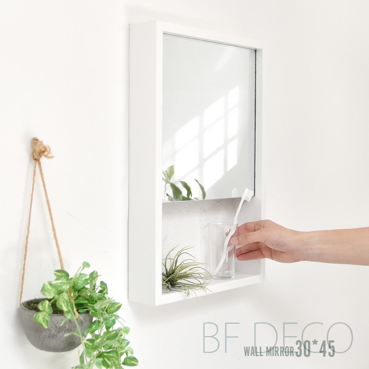 壁掛け鏡 ウォールミラー 棚付き BF DECO Wall Mirror ホワイト 白 収納 小物 壁掛け シンプル 飛散防止 完成品 BFMI0251