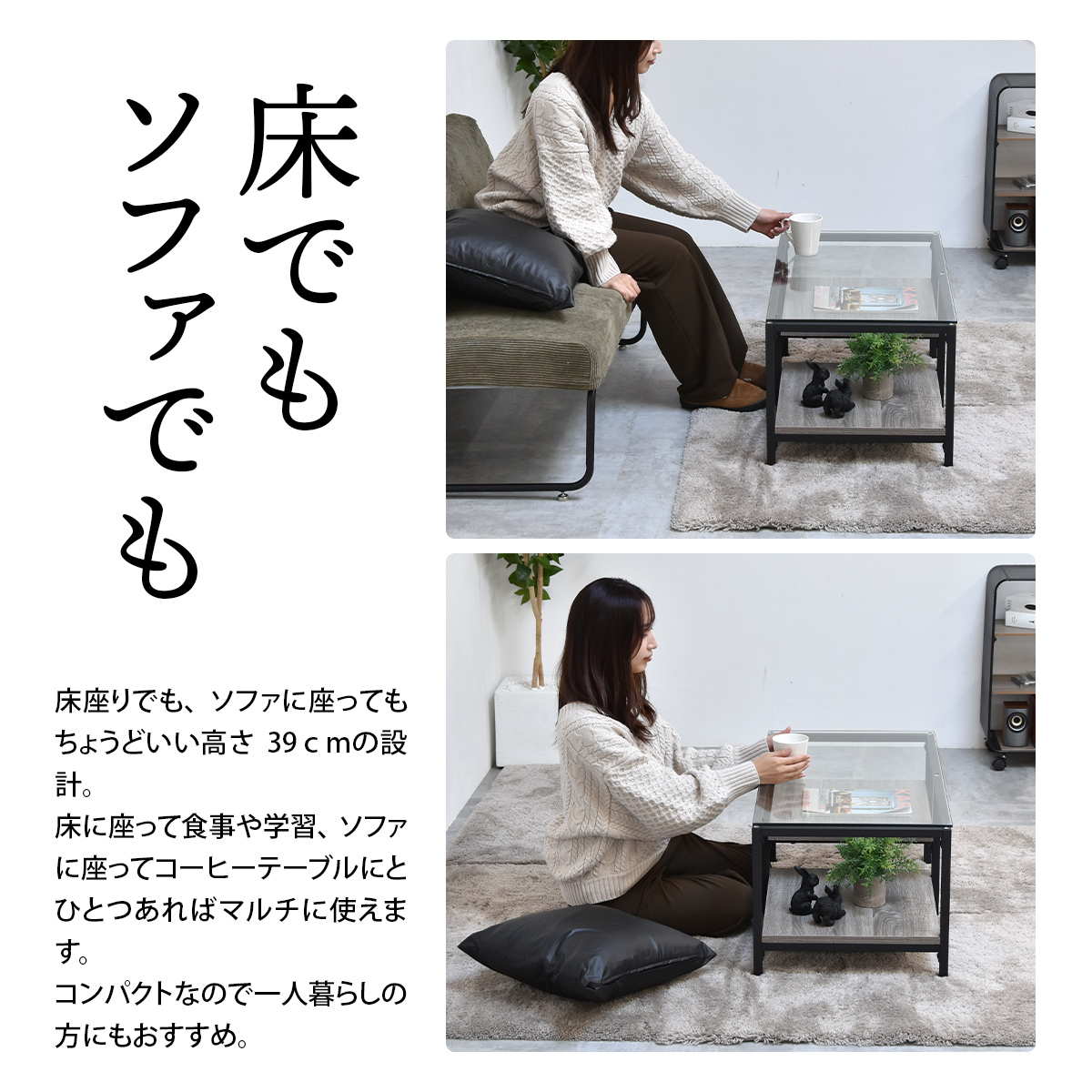センターテーブル ガラスセンターテーブル Exie 80×44.5cm ローテーブル ガラステーブル 棚付 デザイン 収納 リモコン 雑誌 ガラス天板 棚板2枚 ONTB0294