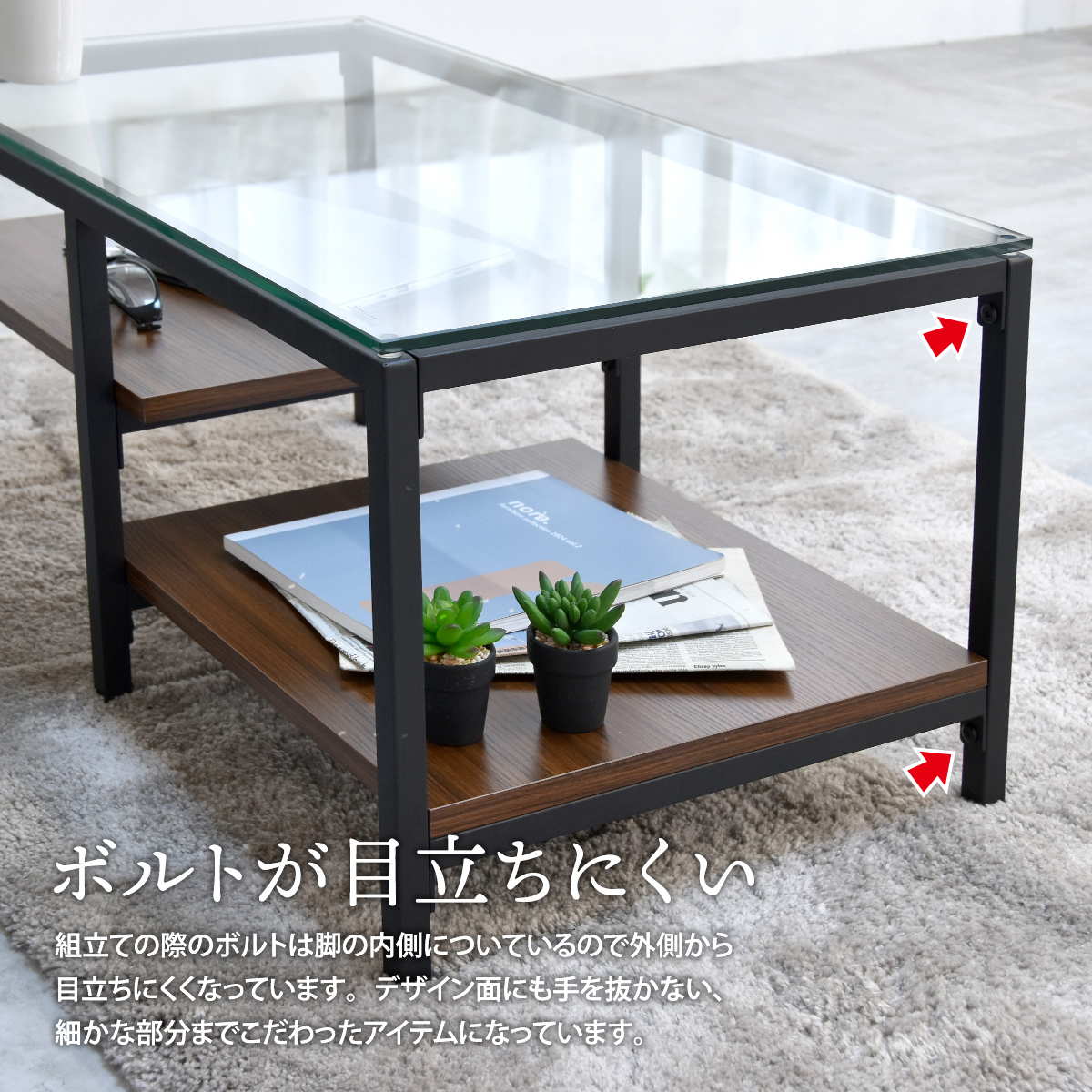 センターテーブル ガラスセンターテーブル Exie 80×44.5cm ローテーブル ガラステーブル 棚付 デザイン 収納 リモコン 雑誌 ガラス天板 棚板2枚 ONTB0294