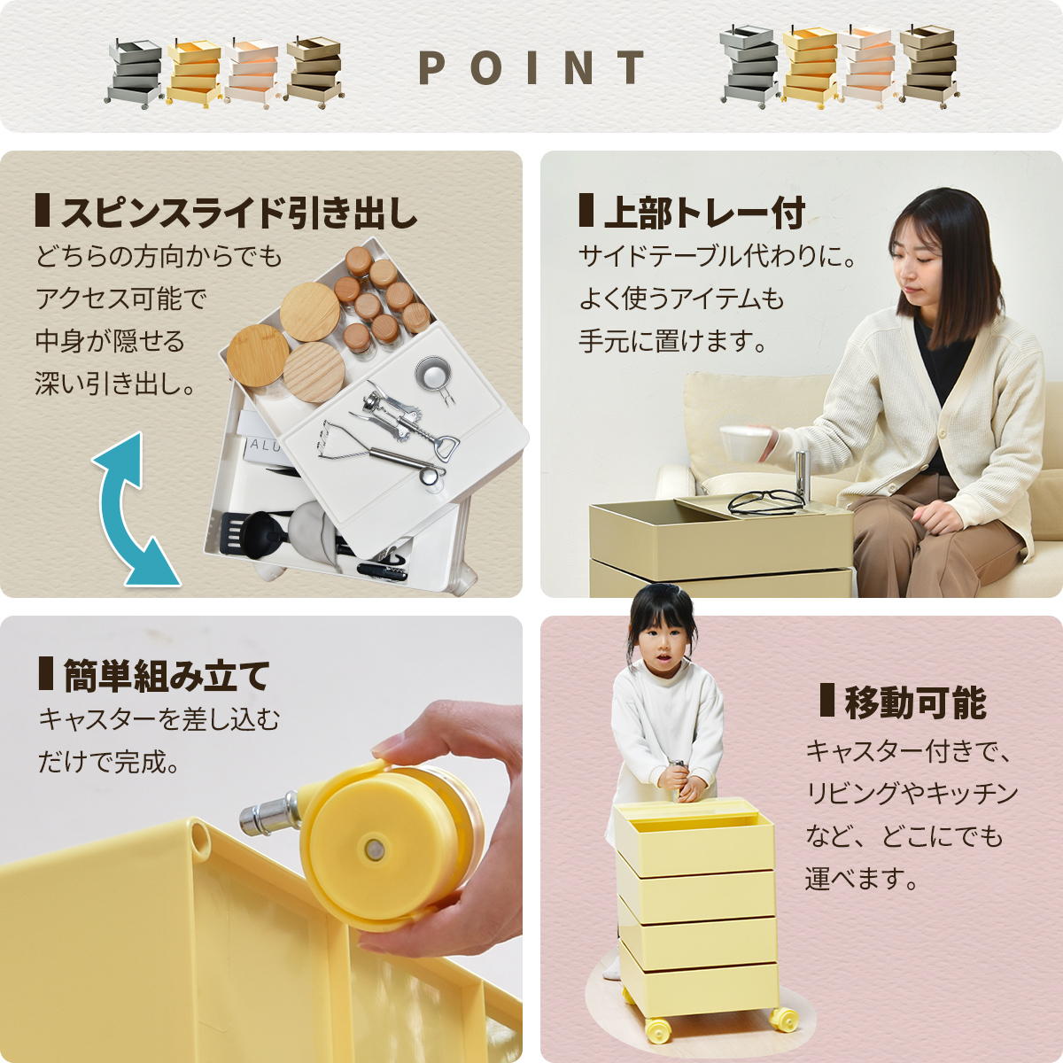 360回転ワゴン 4段 キッチンワゴン キャスター付き リビング収納 韓国スタイル ポップ 角型 プラスチック トロリーワゴン ラック ワゴン サイドワゴン RELS0336