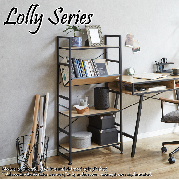 オープンシェルフ Lolly 4段 ブラックアイアン 古木風3Dシート キズに強い モダン オープンラック ラック KD-LOLLY-4SF