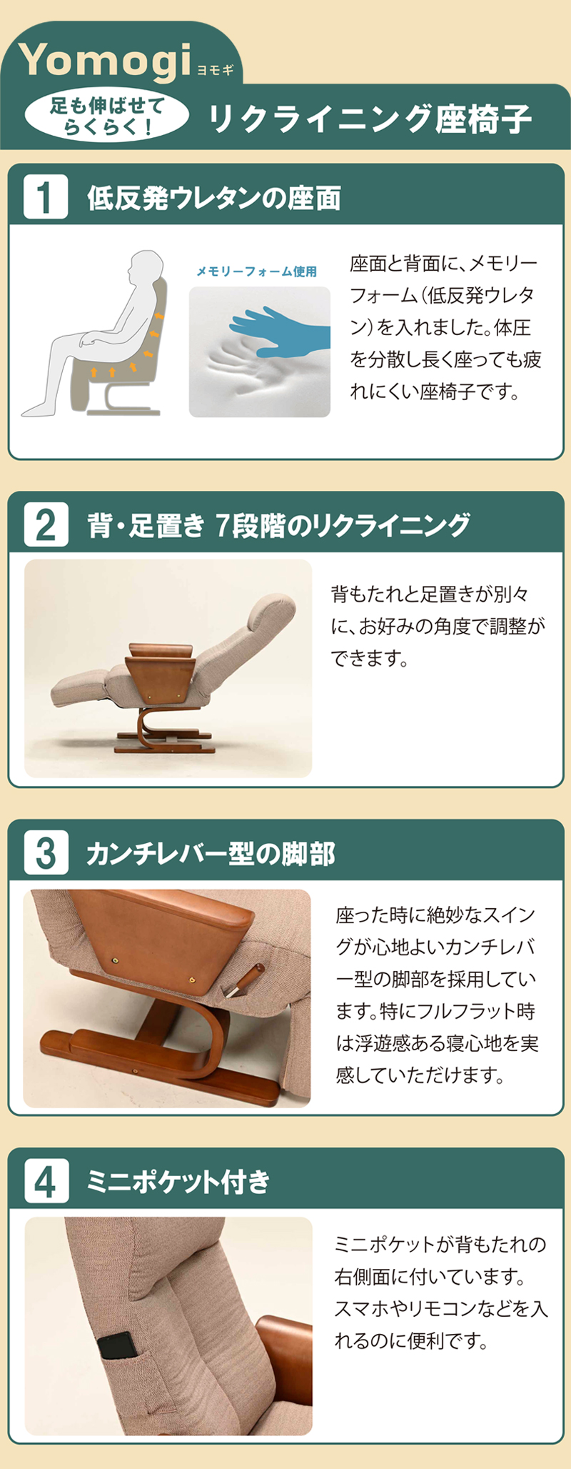 パーソナルチェア リクライニング座椅子 Yomogi よもぎ 低反発ウレタン 背・足置き7段階リクライニング ミニポケット付き 収納 カンチレバー型 リクライナー