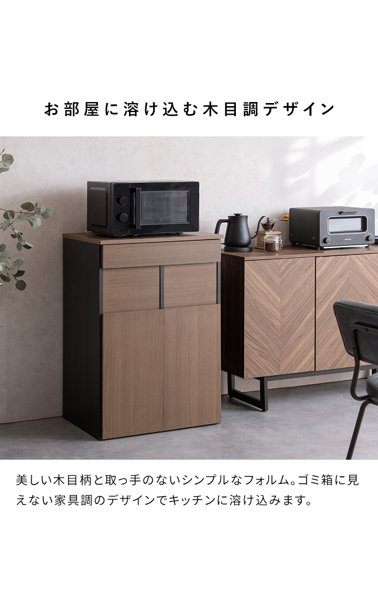 トレー付き分別ダストボックス Helios ヘリオス 木目柄 プッシュ式 キッチンペール ごみ箱 ゴミ箱 キャスター カウンター おしゃれ 隠しゴミ箱 DB-F2300
