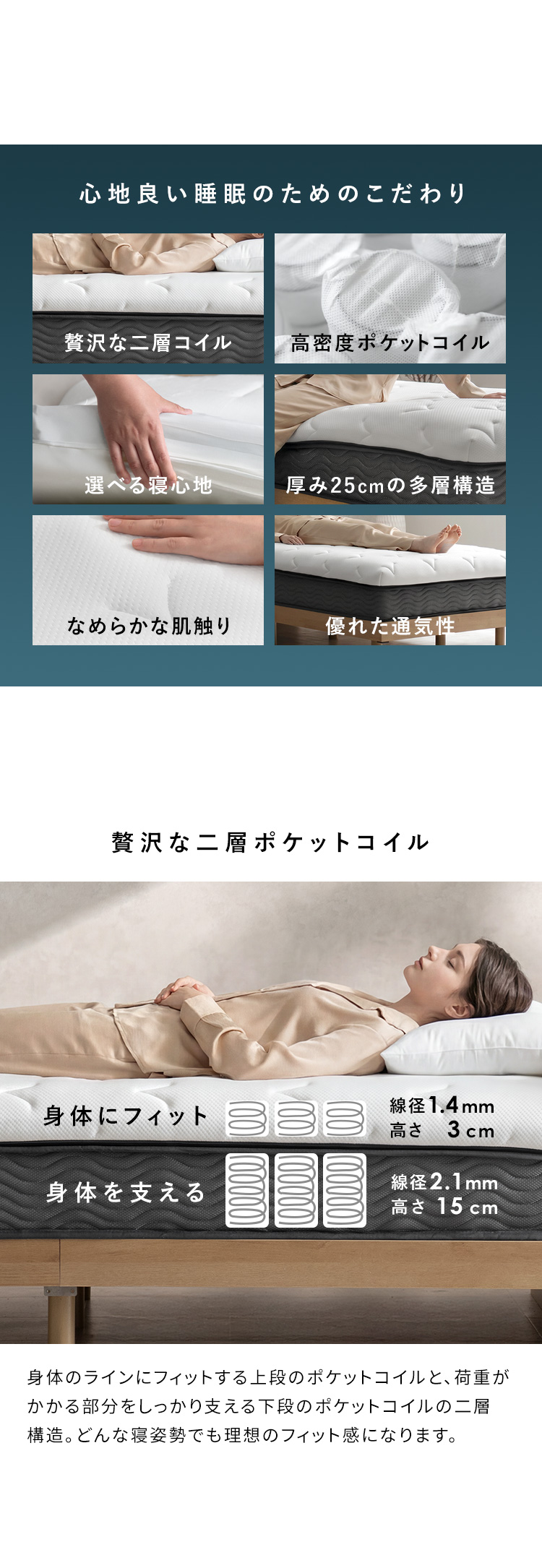 ポケットコイルマットレス Sovila ソヴィラ ポケットコイル 2層コイル 低反発ウレタン 高反発ウレタン リバーシブル仕様 ピロートップ ホテルマットレス シングル MTLS-970 セミダブル MTLS-1200 ダブル MTLS-1400