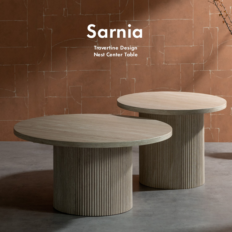 センターテーブル ネストテーブル Sarnia サニア リビングテーブル 2個セット 入れ子テーブル ラウンドテーブル ローテーブル 高級感 トラバーチン柄 NCT-N8060