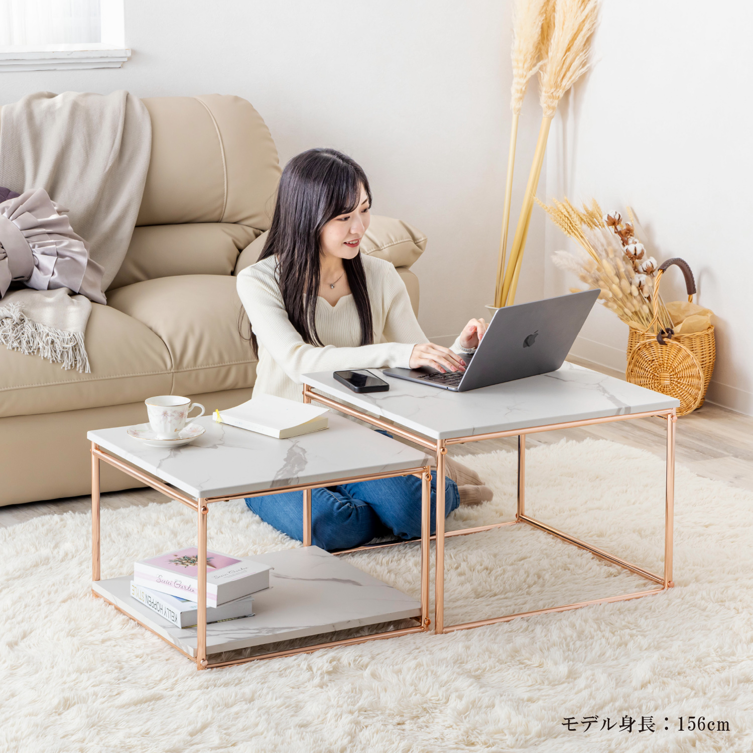センターテーブル ネストテーブル 大 小 2台セットフリーテーブル ピンクゴールド 光沢 大理石柄 石目調 高級感 可愛い フェミニン おしゃれ 正方形 SIN-1103PG
