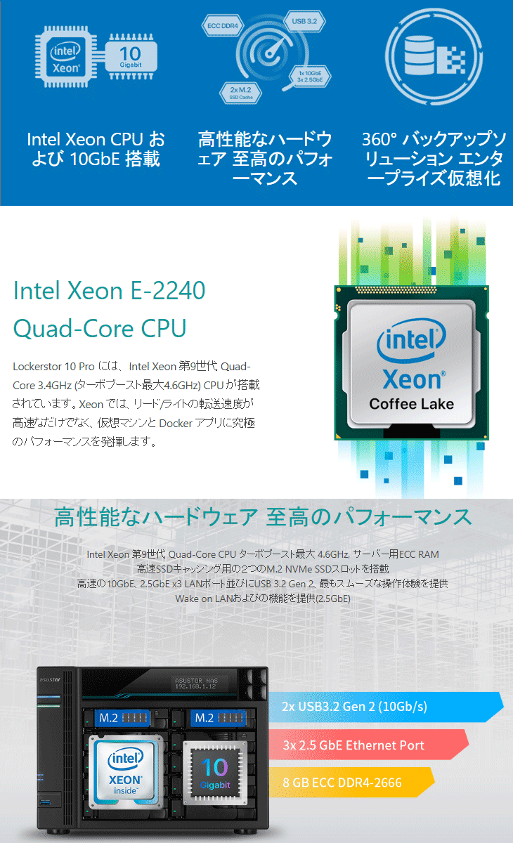 の お 店 ASUSTOR/アサスター 10ベイNASケース Intel Xeon E-2224 8GB