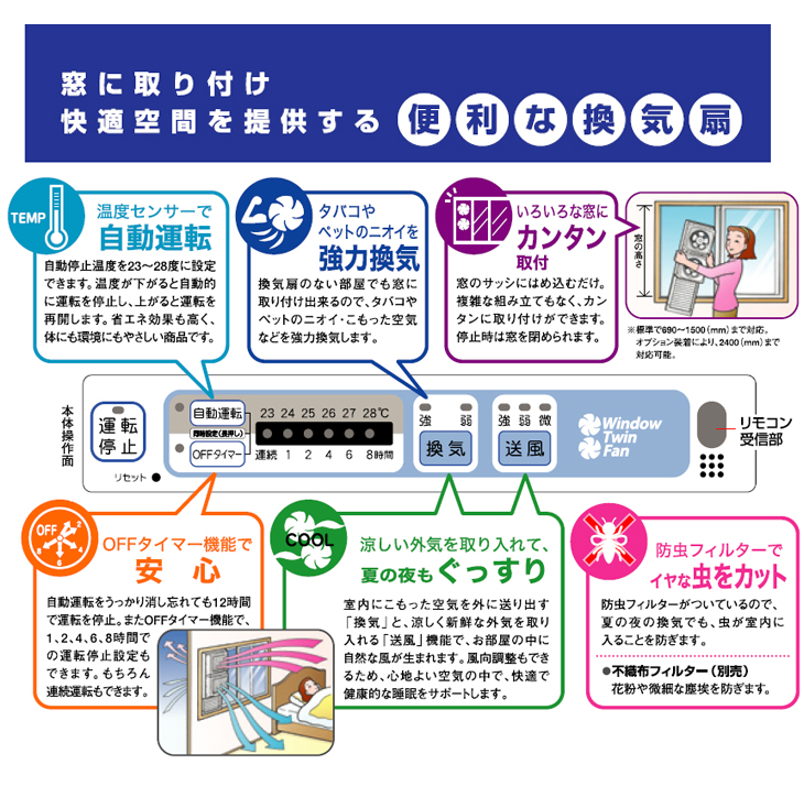  高須産業  FMT-200SM 窓用ツインファン ミニリモコン付きタイプ 同時給排形 窓用換気扇