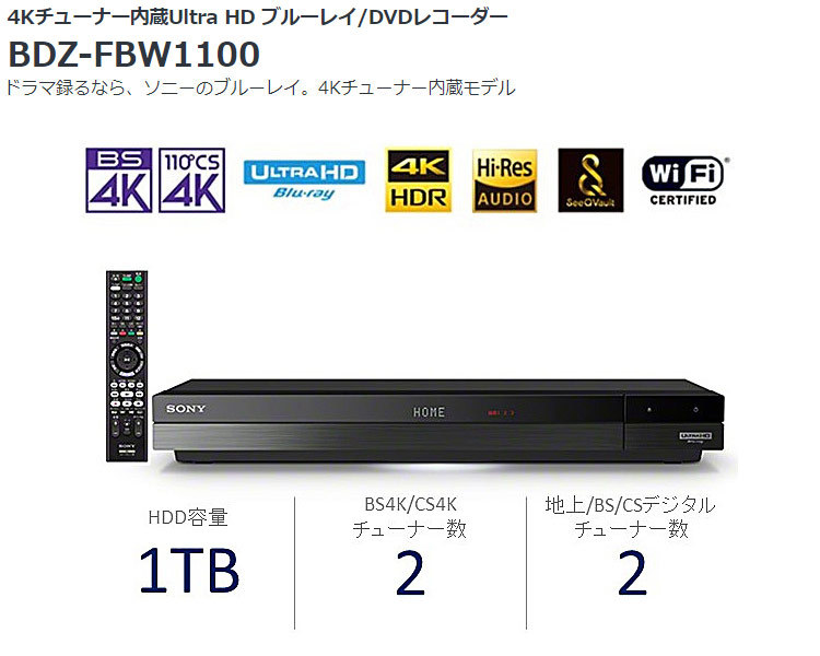 国内送料無料 ソニー BDZ-FBW1100 4Kブルーレイレコーダー 1TB