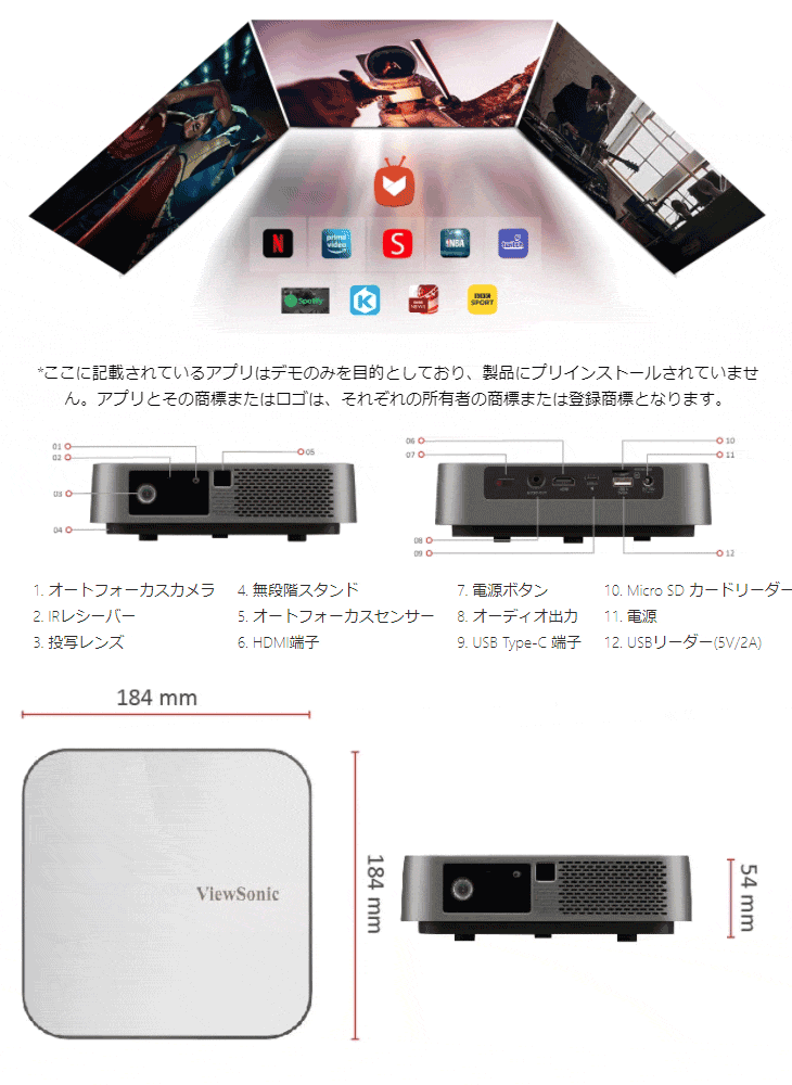 ViewSonic M2e LED ホームプロジェクター (フルHD 1080P解像度 400ANSI