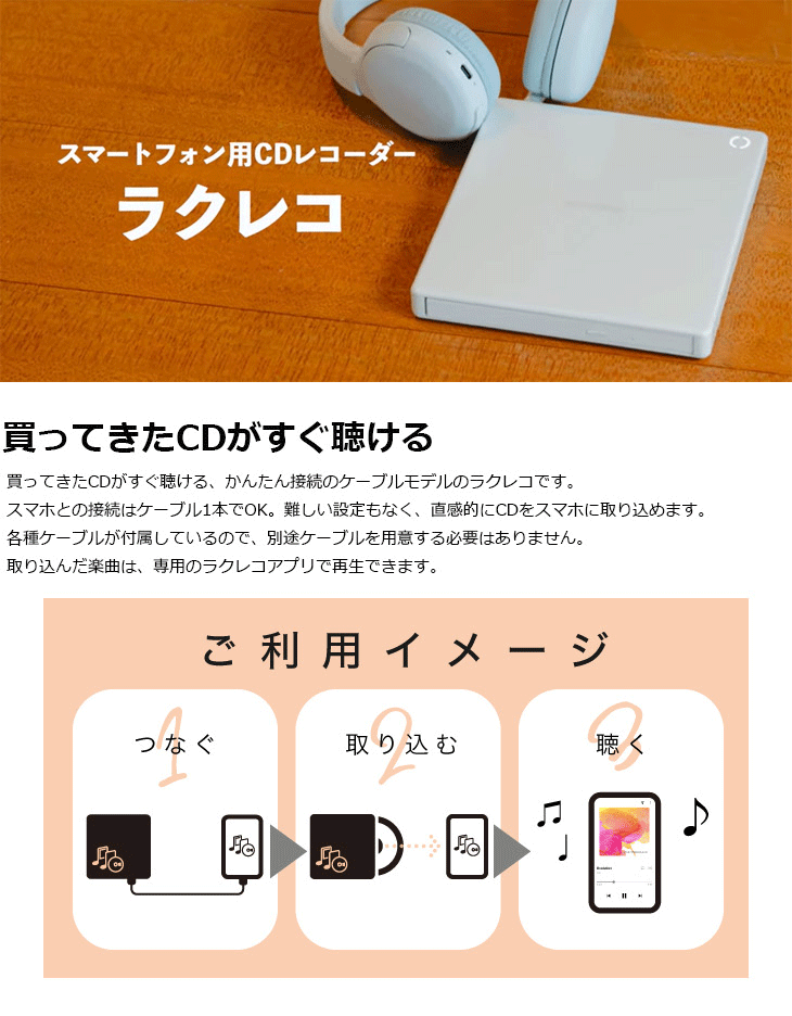 年末のプロモーション BUFFALO ケーブルモデル ホワイト ラクレコ バッファロー RR-C1-WH スマートフォン用CDレコーダー