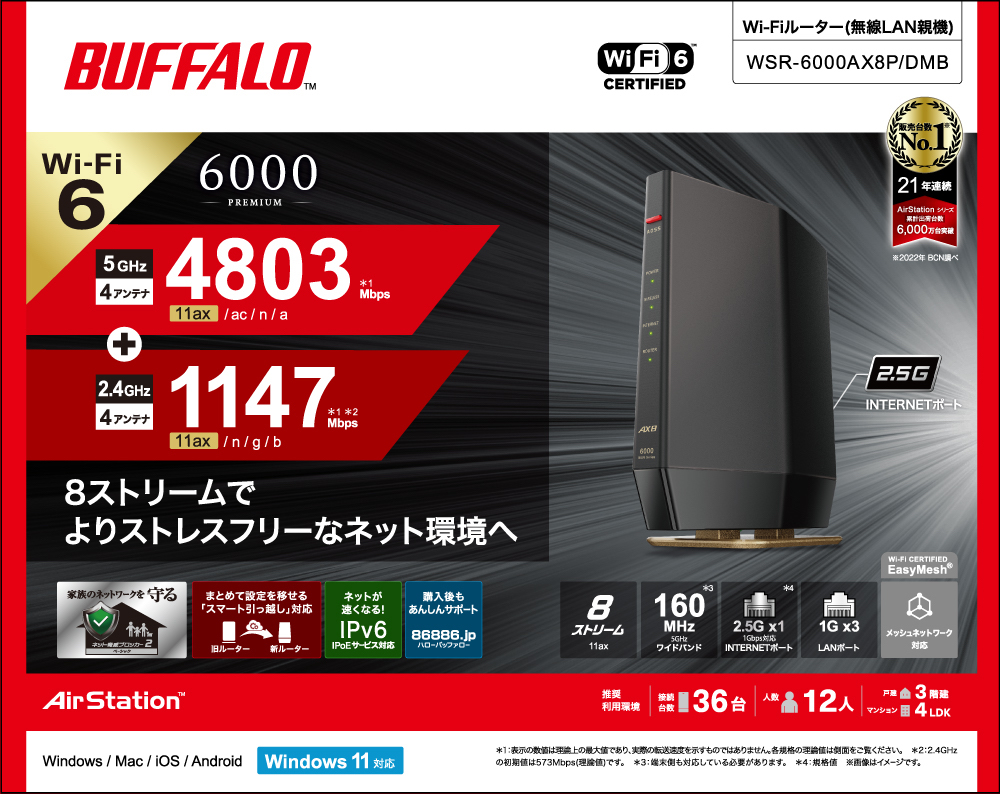 BUFFALO バッファロー Wi-Fi 6(11ax)対応無線LANルーター 4803+