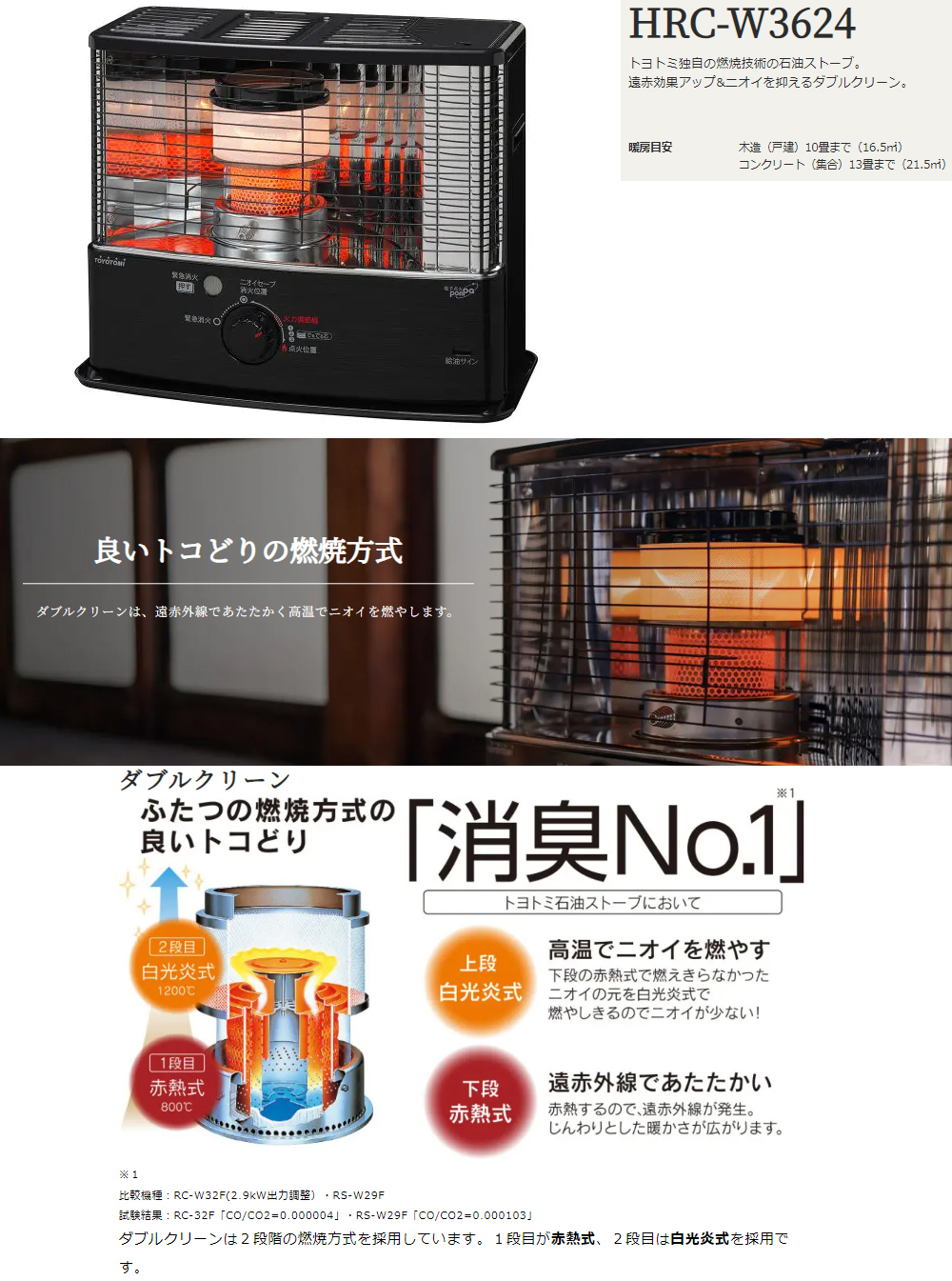 TOYOTOMI トヨトミ HRC-W3624(B)反射型石油ストーブ「ダブルクリーン