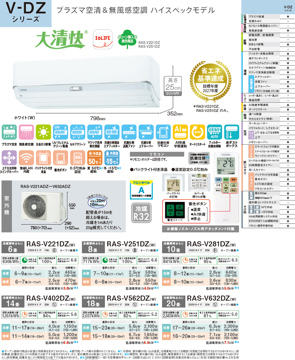 TOSHIBA 東芝 エアコン 6畳 2.2kW 2026年モデル 大清快DZシリーズ RAS