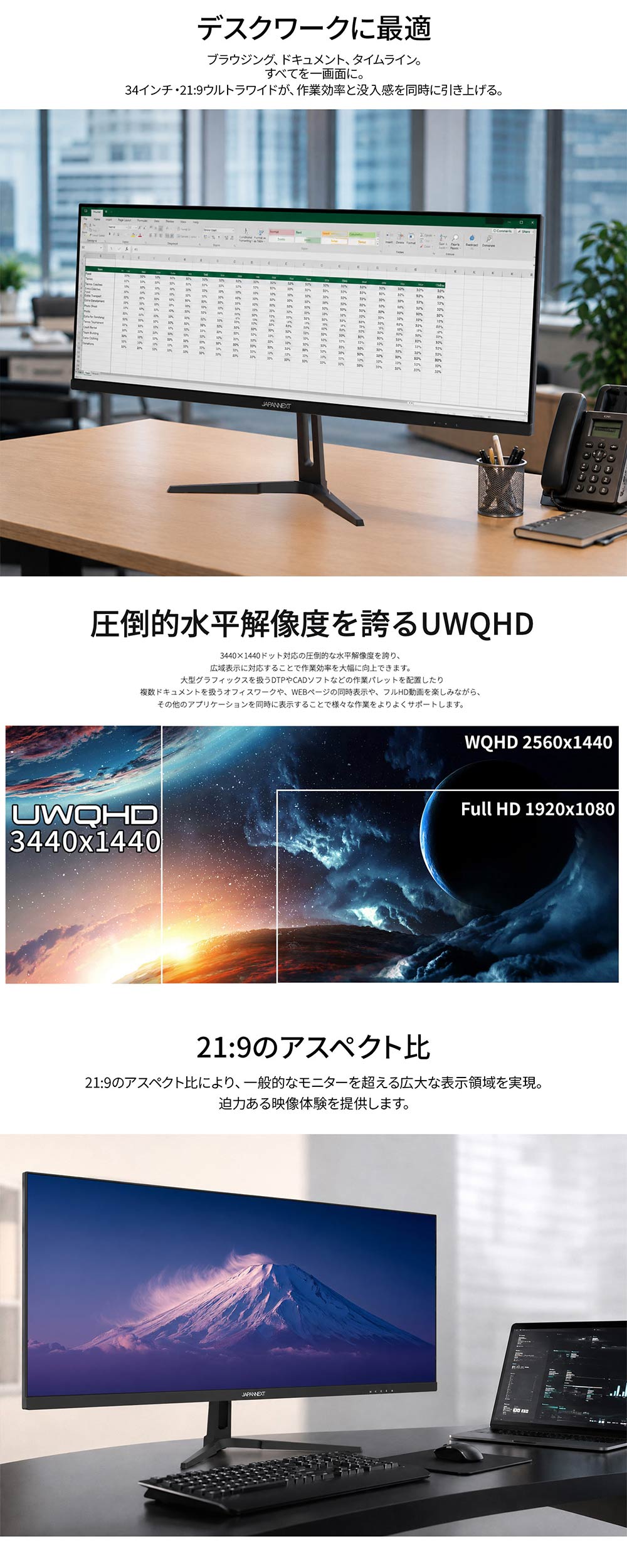 JAPANNEXT ジャパンネクスト UWQHD対応 34型液晶ディスプレイ/HDMI×1