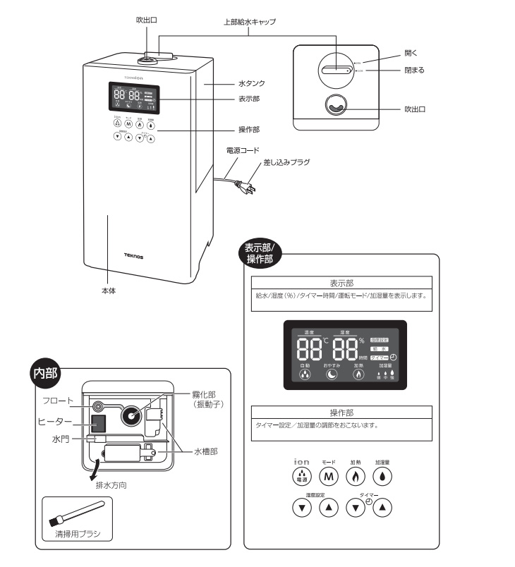 加湿器 TEKNOS テクノス JHI-412 ハイブリッド加湿器4L（超音波・ヒーター