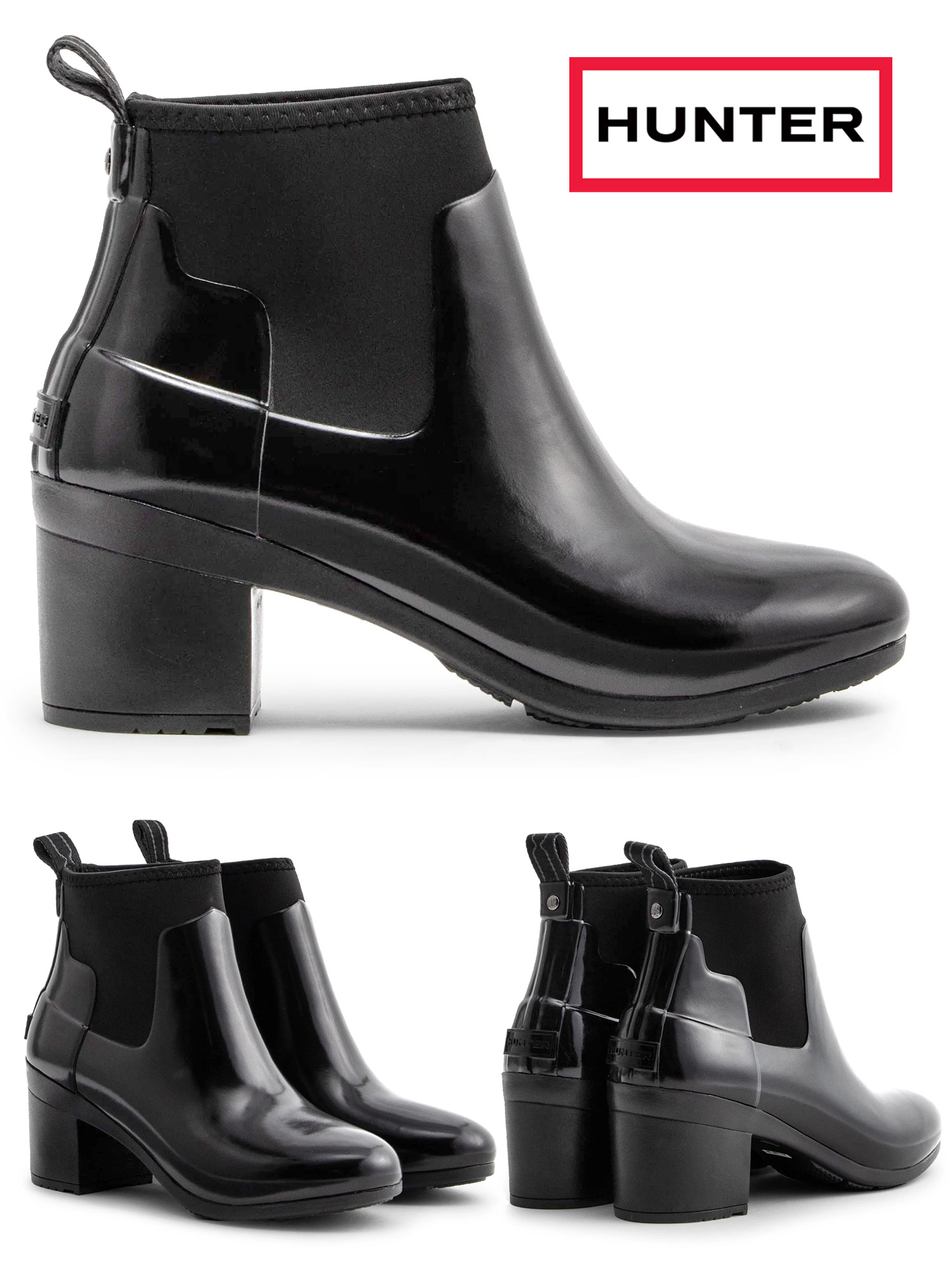 HUNTER レディースリファインドグロスミッドブーツ・ブラック　箱付 HUNTER（ハンター） 【レディース】リファインド グロスミッドヒール