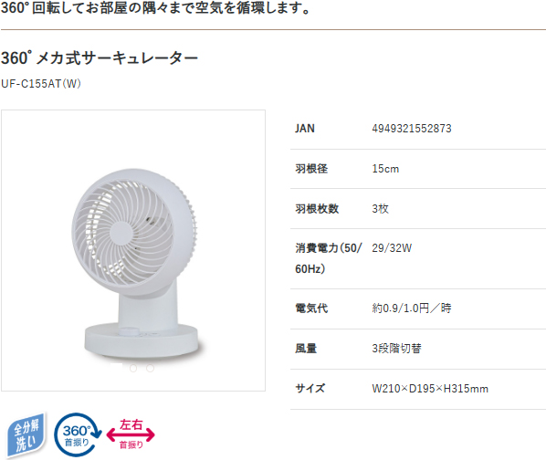 OTK おおたけ UF-C155AT(W)360゜メカ式ACサーキュレーター 本体操作