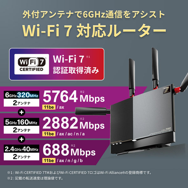 BUFFALO（バッファロー） Wi-Fi 7(11be)対応無線LANルーター 5764+2882