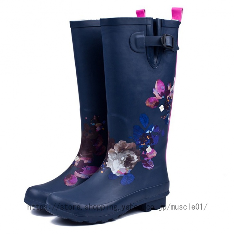 雨 雨靴 シューズ ロング ロングブーツ シンプル 花柄 大きいサイズ レディース 作業靴 ベルト付...