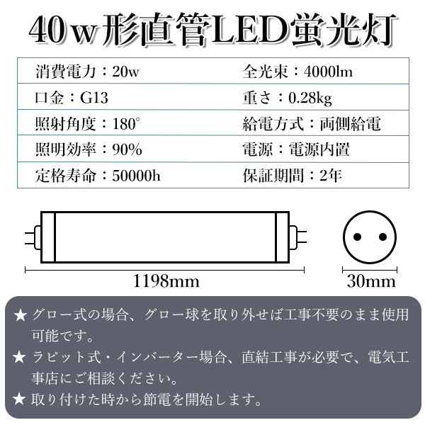 100本セット LED蛍光灯 1198ｍｍ G13(回転式) 180度回転でき電源内蔵 消費電力20W 省エネルギー 天井照明 40W形1198ｍｍ グロー式工事不要 長寿命50000Hの画像