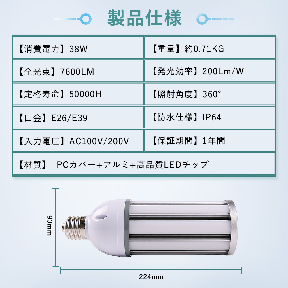 特売2個セット コーンライト 38w コーン型LED電球 380W相当 7600LM