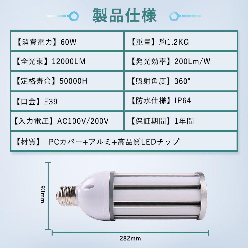 水銀灯交換用 省エネ 60w コーンライト 600W水銀灯代替 コーン型led 全光束12000lm IP65防水 防塵 E39口金 HF400X 水銀ランプ代替 屋外 外灯 倉庫照明 1年保証｜musubi-shop｜12