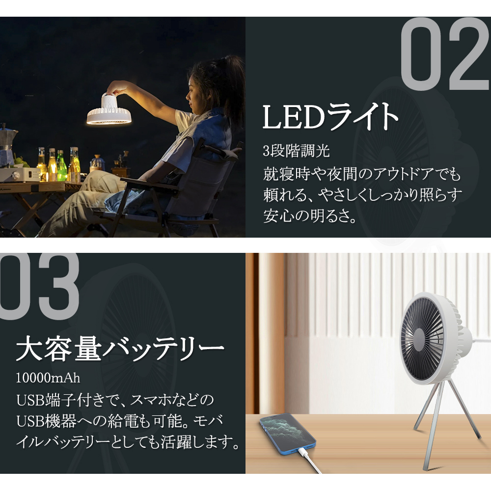 USB扇風機 10000mAh大容量、卓上用 卓上扇風機 扇風機 DCモーター 強力 10000mAh 静音 デスクファン 携帯