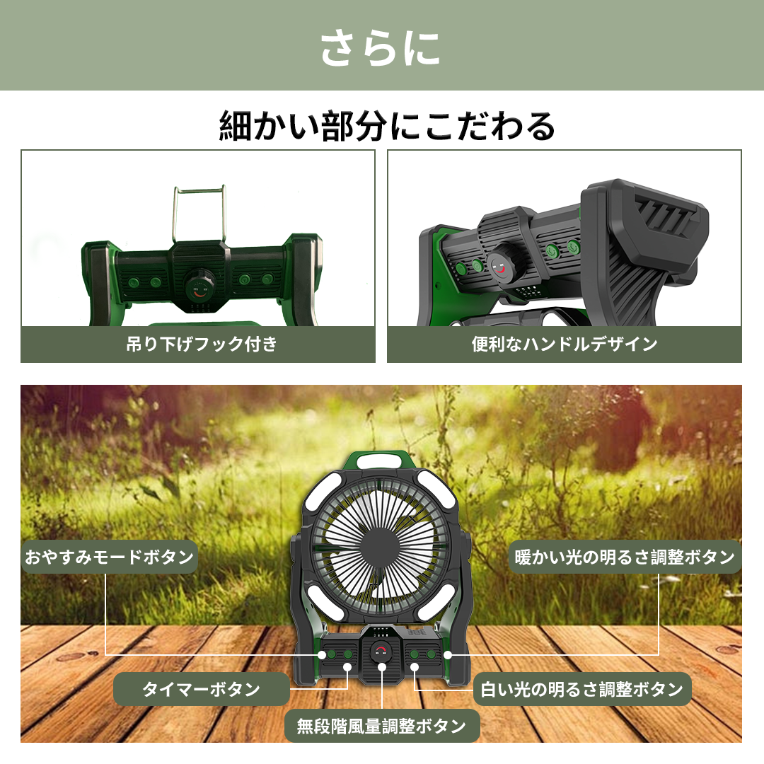 特別送料無料】20000mAh大容量 キャンプ扇風機 270°首振り/吊り