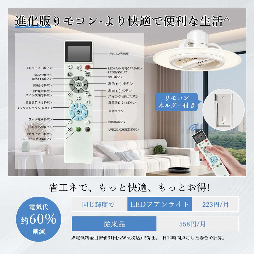 猛暑対策・大風量」LEDシーリングファンライト 導光板付き ファン付き