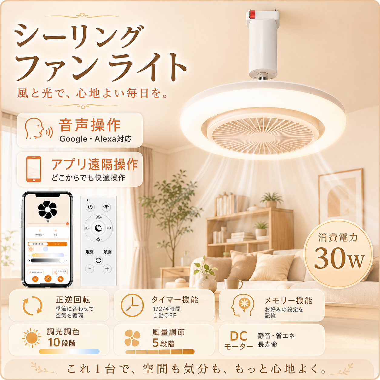 「省エネ・軽量」シーリングファンライト led DCモーター シーリングファン 調光調色 リモコン/アプリ操作 Google・Alexa対応 タイマー/メモリー機能 工事不要