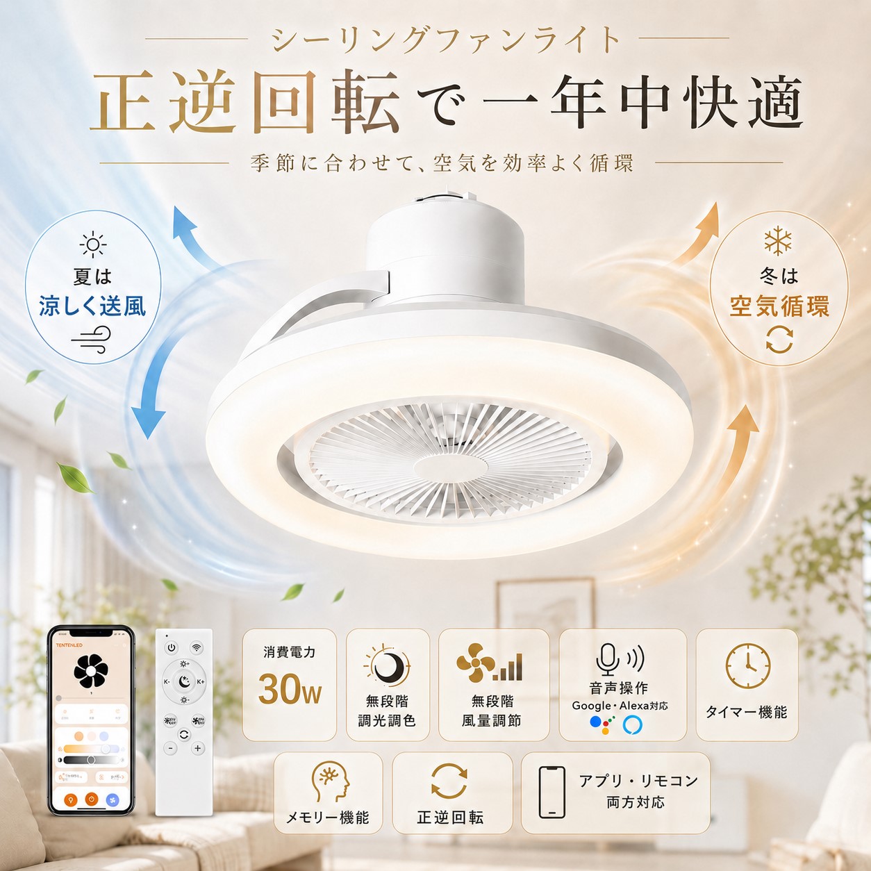 シーリングファンライト dcモーター 静音 ファン付きシーリングライト LED 調光調色 6畳 8畳 シーリングファン リモコン付き アプリ・音声制御 小型 工事不要