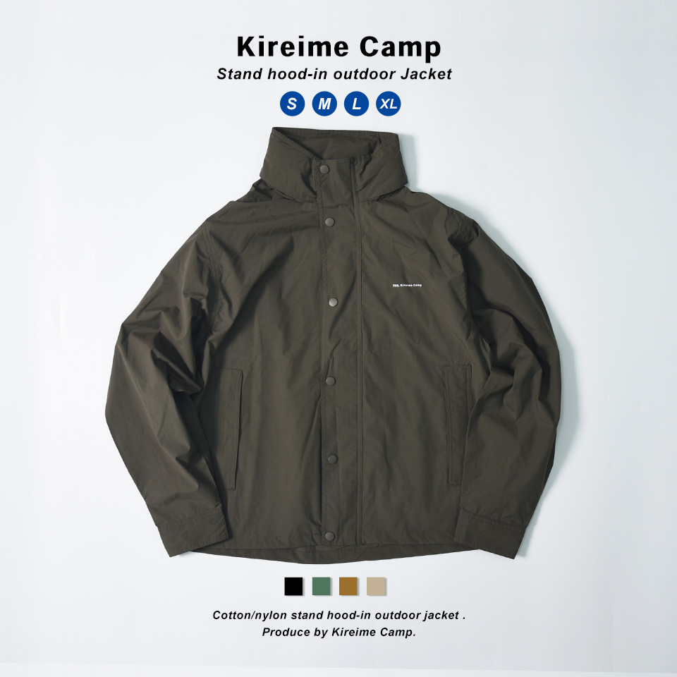 Kireime Camp アウトドアジャケット 万能 フルジップ スタンドジャケット フードイン メンズ ブルゾン アウター 秋 冬 撥水｜muziichiba｜02