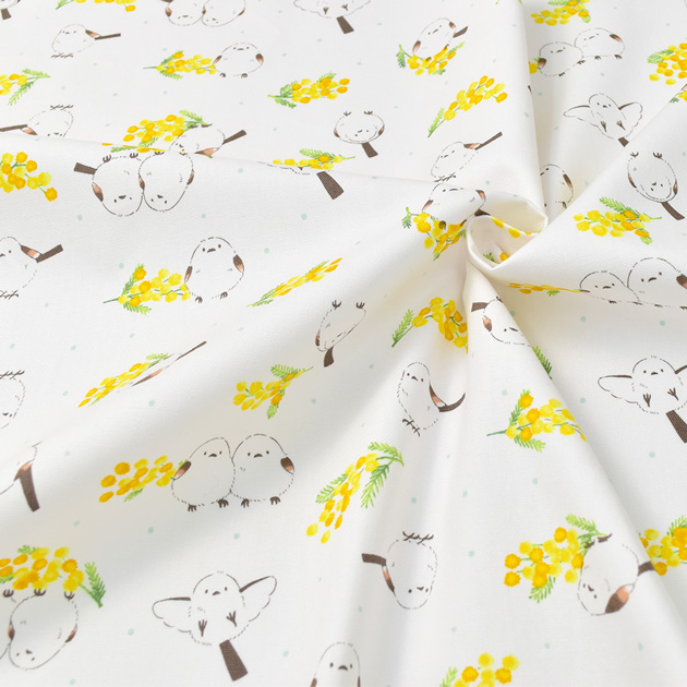 生地 布 布地 オックス 可愛い ミモザ ＆ シマエナガ □ 鳥柄 アカシア