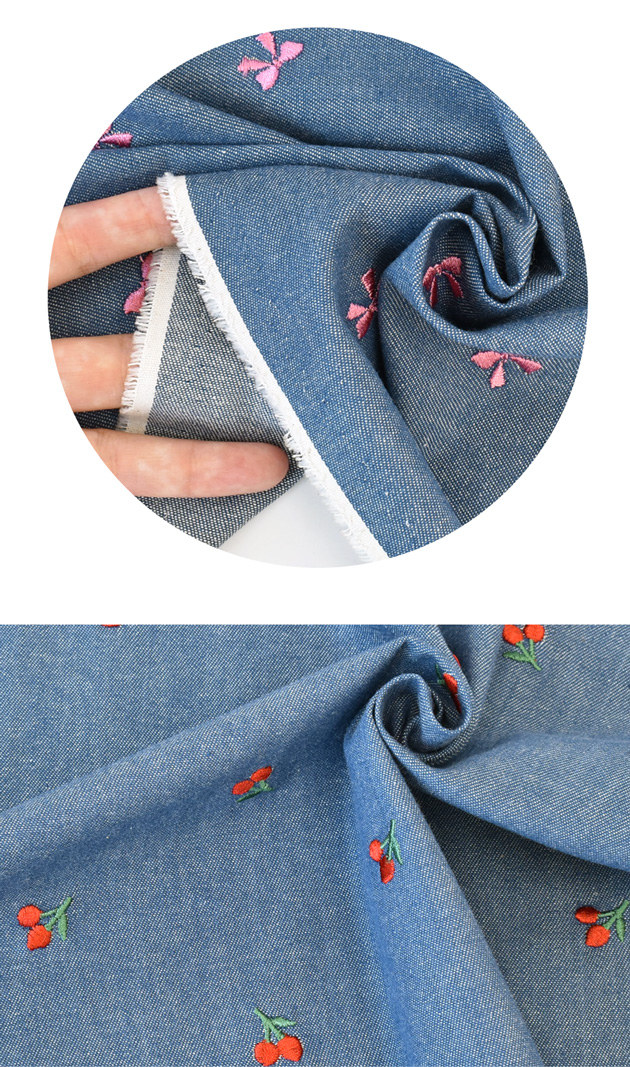 完売しました）デニム 風 先染め 生地 刺繍 チェリー ＆ リボン