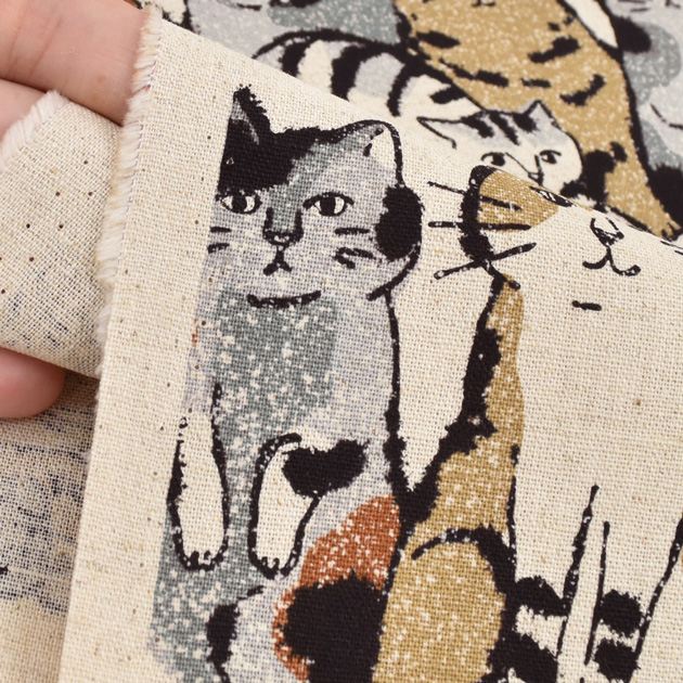 布の宿本陣✳︎だーれだ？✳︎猫・覗き見・更紗・着物リメイク・古布・ポーチ 生地 布 布地 綿麻 キャンバス Art CAT 猫 ボーダー 柄 □ KOKKA