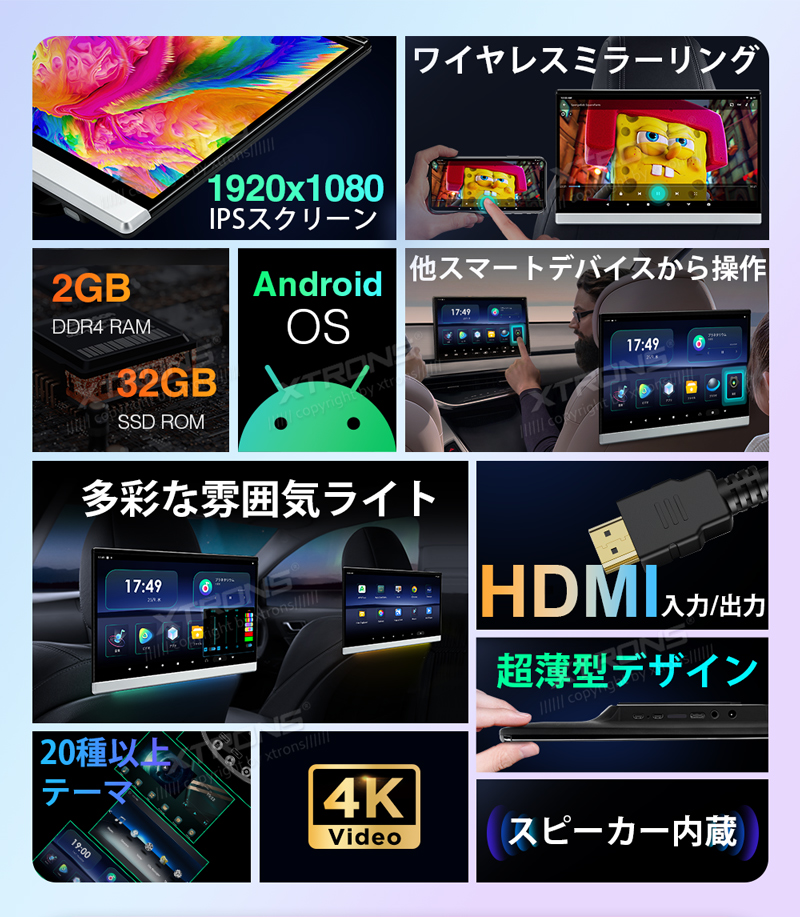 XTRONS Android ヘッドレストモニター 13.3インチ IPS フルHD HDMI入力