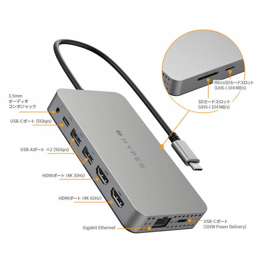 HyperDrive デュアル 4K HDMI 10in1 USB-Cハブ for M1/M2/M3 MacBook Air/Pro [ 4K (60Hz / 30Hz) 2画面複数出力 同時出力 ハブ PD 100W ]｜mycaseshop｜03