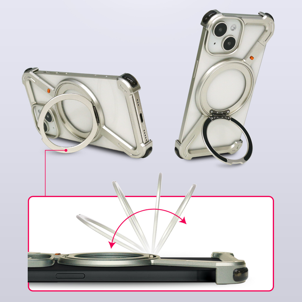 【Hacray公式】[iPhone 16 / 16 Pro / 16 Pro Max 用] 360 RingStand アルミ・シルバー（リングスタンド）ケース for iPhone 16/15シリーズ |  | 03