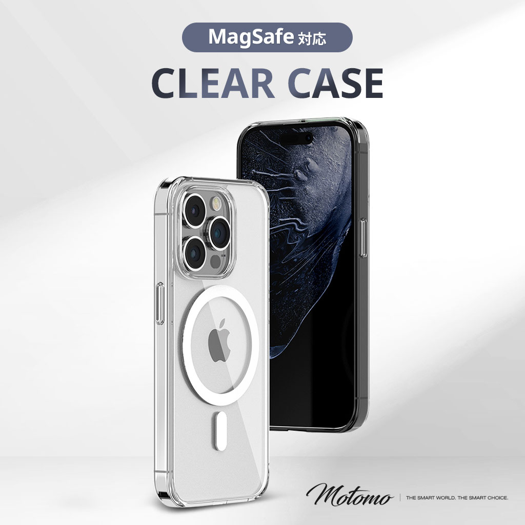 iPhone15用 アイフォン15 iPhone 15/14/13 motomo MAGSAFE CLEAR CASE クリアカバー UVコーティング 防塵 アルミボタン｜mycaseshop｜02