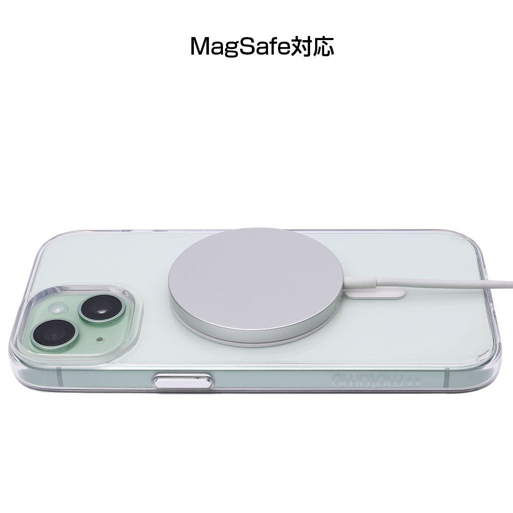 iPhone15用 アイフォン15 iPhone 15/14/13 motomo MAGSAFE CLEAR CASE クリアカバー UVコーティング 防塵 アルミボタン｜mycaseshop｜03