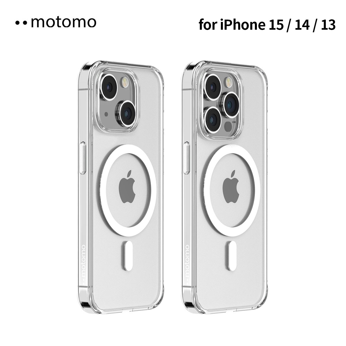 iPhone15用 アイフォン15 iPhone 15/14/13 motomo MAGSAFE CLEAR CASE クリアカバー UVコーティング 防塵 アルミボタン｜mycaseshop