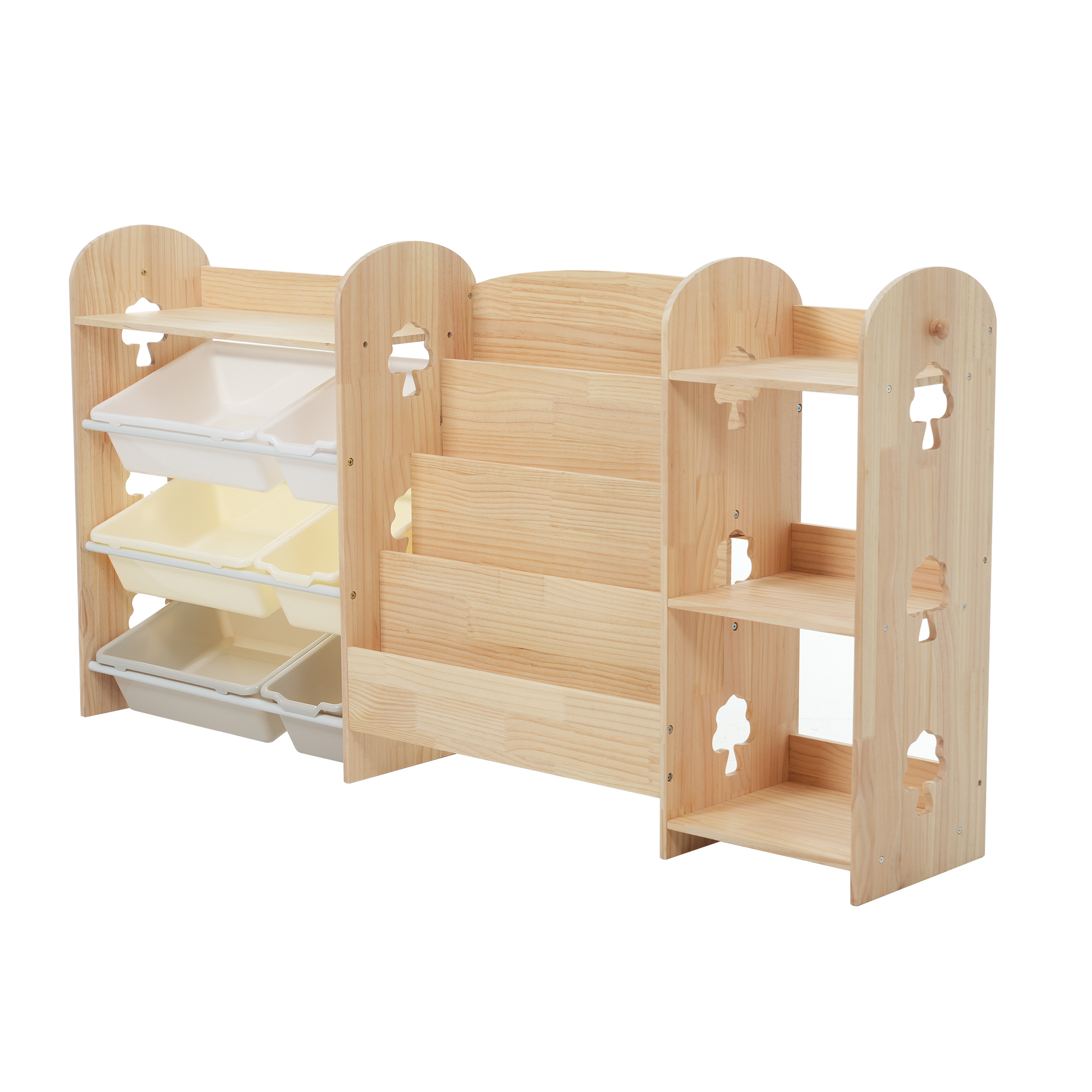 BTM おもちゃ収納ラック 3in1タイプ 天然木 サイド棚付き 棚分離可能