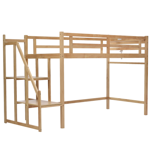ロフトベッド 天然木 階段付き シングル コンセント付き システムベッド 宮付き 木製ベッド 収納 ...