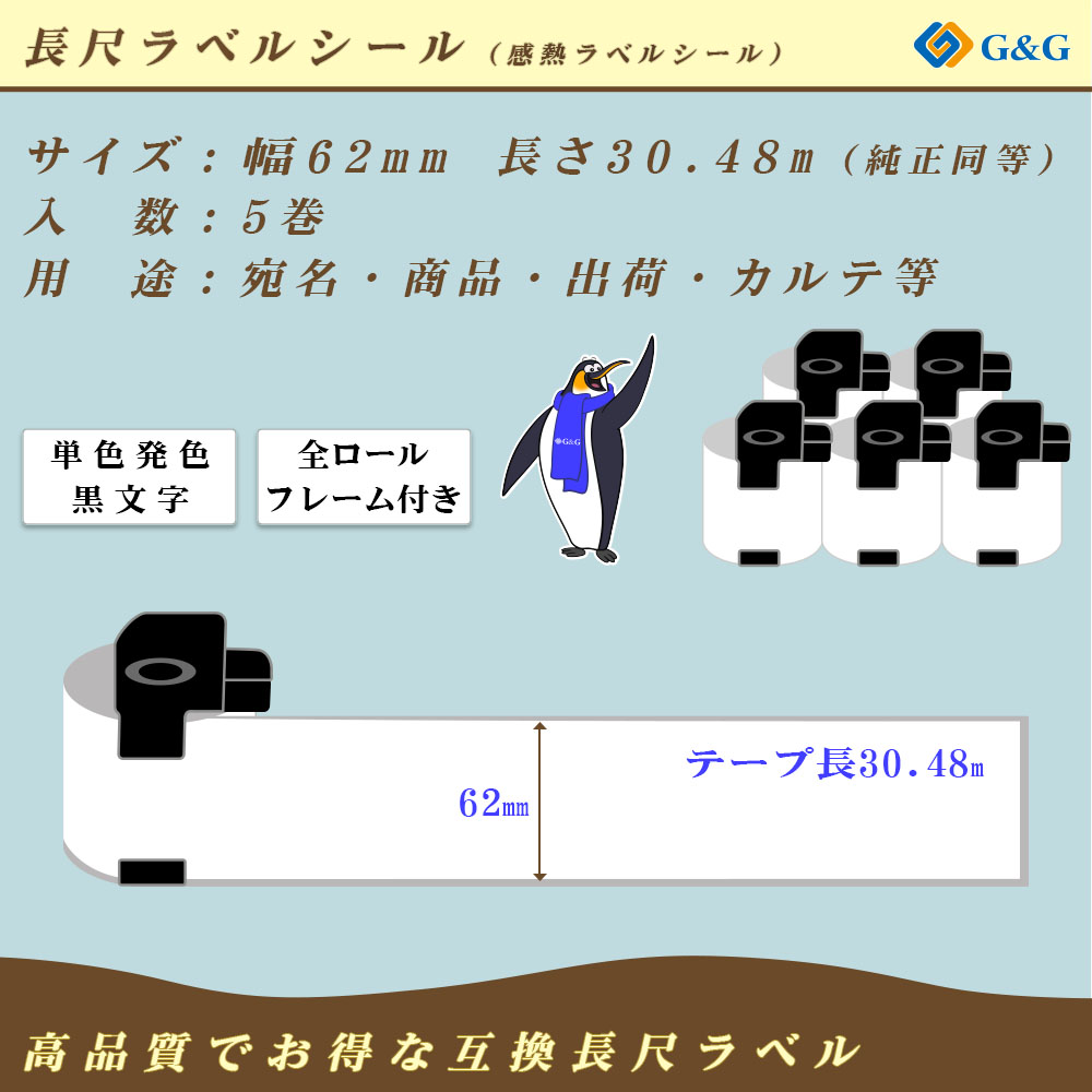 G&G DK-2205 ブラザー用 20本セット(20個のフレーム付) ピータッチ DKテープ (感熱紙) DK-2205 互換品 DKテープ/DKラベル(62mm x 30.48m)