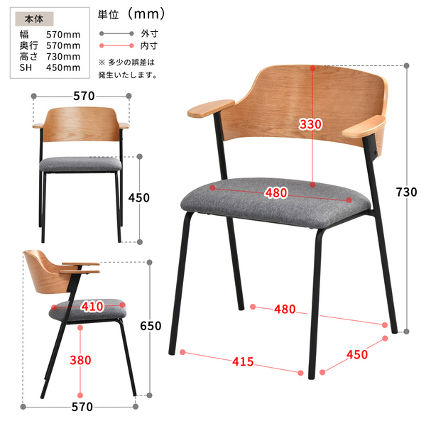 ダイニングチェア 食卓椅子 約幅570mm 2脚セット スチール 肘付き 組立