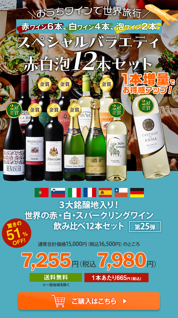 3大銘醸地入り!世界の赤・白・スパークリングワイン飲み比べ12本セット 第25弾